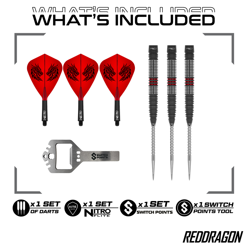 Accessoires de fléchettes sur fond blanc : trois plumes rouges motif dragon, trois fléchettes noires avec anneaux rouges et un outil Switch Points argenté. Contient fléchettes, plumes Nitro, Switch Points, outils RedDragon.
