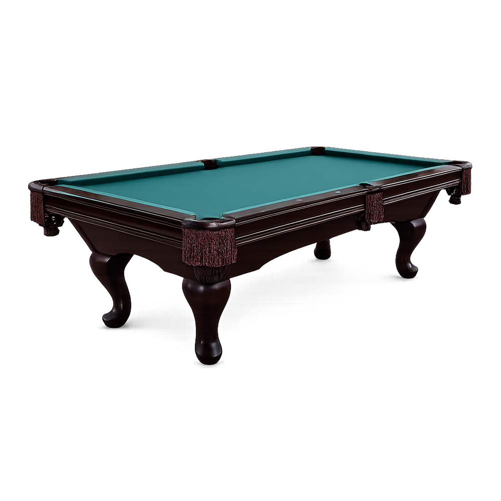 An elegant snooker table with a dark brown wooden frame and curved legs against a white background. The playing surface is covered in bright green felt. Six pockets with reddish-brown fringes give it a classic look. Ready to play.