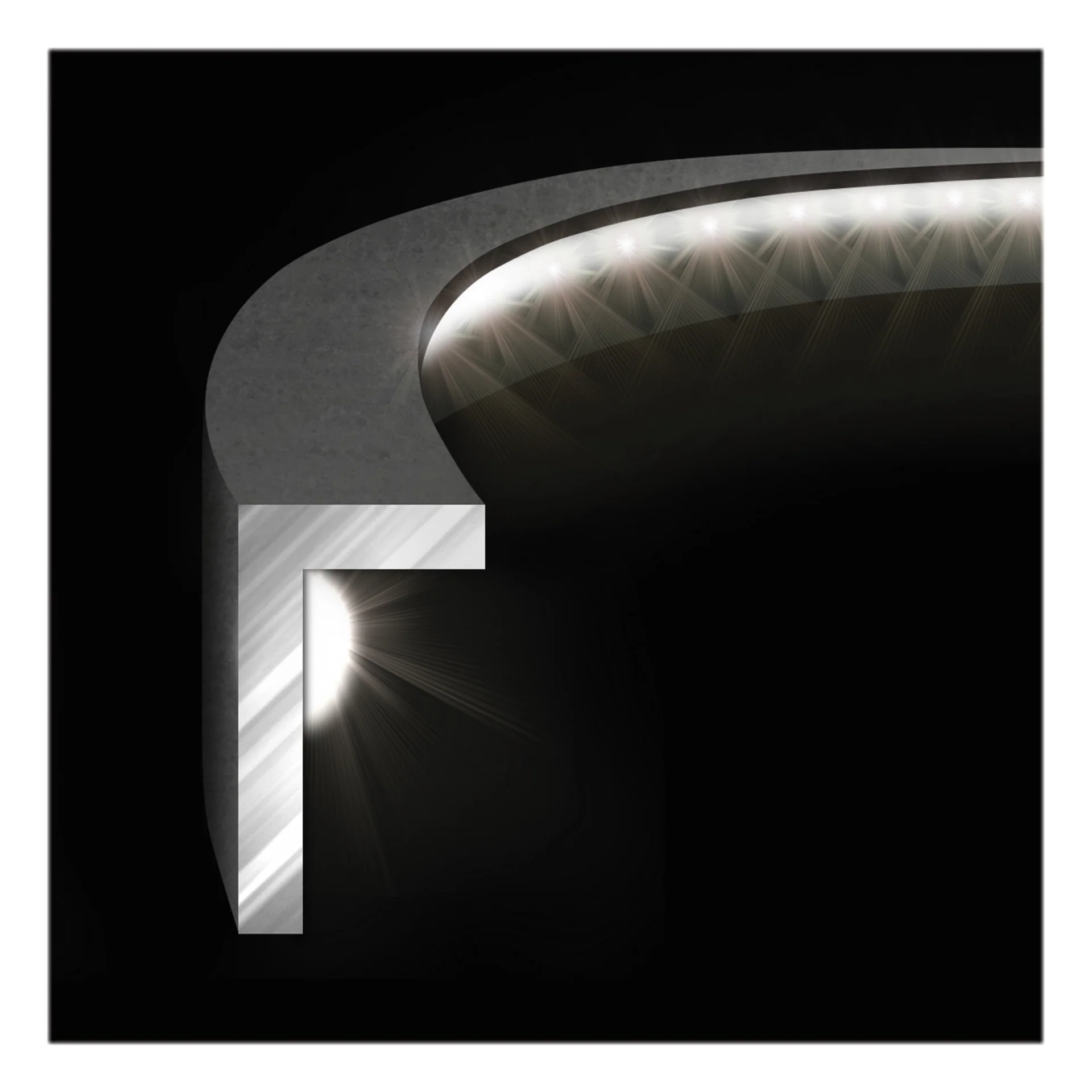 Gros plan sur une bande LED de rechange allumée pour éclairer une cible de fléchettes Plasma Winmau. La face supérieure incurvée, gris métallisé, dévoile des LED blanches vives projetées sur un fond sombre.