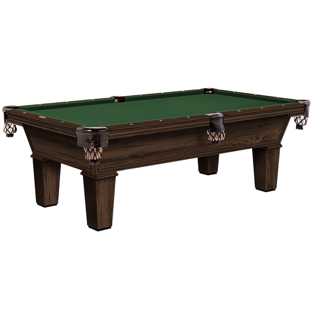 Table de billard haut de gamme avec une structure en bois brun foncé et quatre pieds décorés. Surface de jeu en feutre vert avec bordure en bois. Six poches tressées aux coins et sur les côtés. Fond neutre.