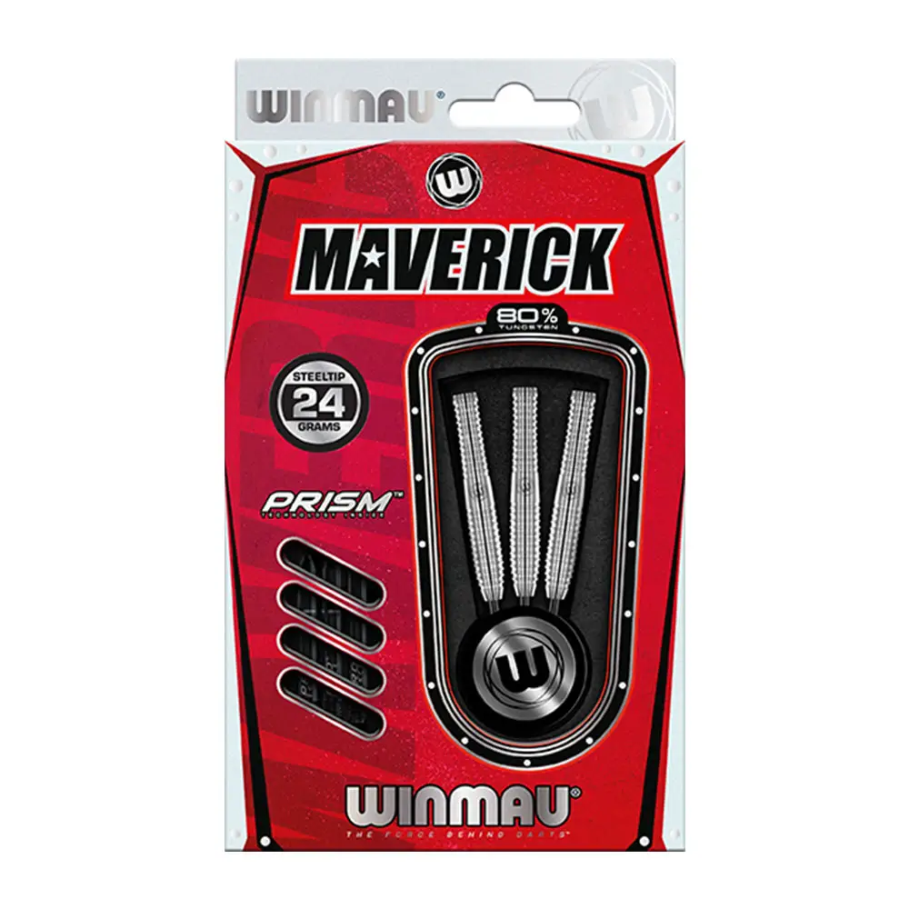 Rote und weiße Verkaufsverpackung der Winmau Maverick 80% Tungsten Steeldarts. Drei glänzende, silberne Steeldarts mit 24 Gramm Gewicht sind sichtbar im Inneren positioniert. Die Verpackung zeigt auch Bereiche für die Dartflights.