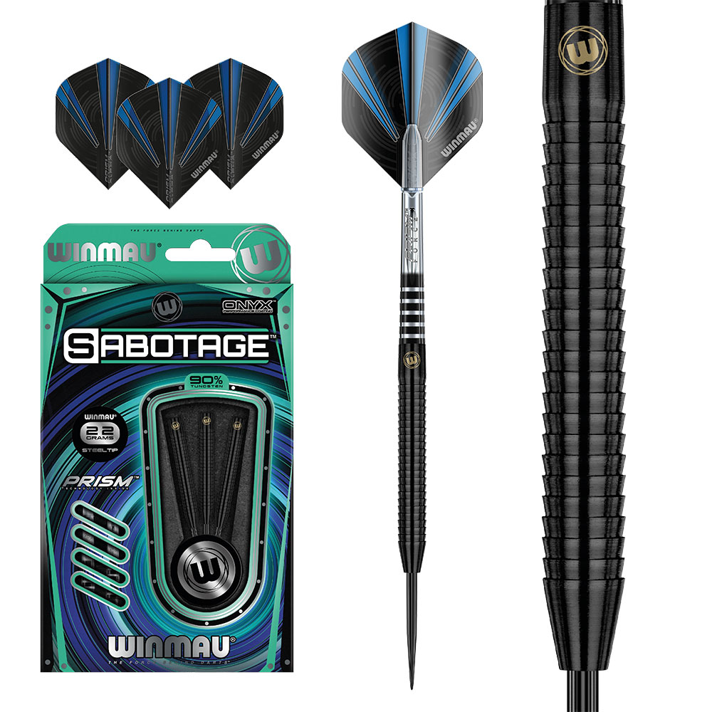 Winmau Set de fléchettes Sabotage : 3 fléchettes à pointe acier 90 % tungstène (22 g) en emballage vert/noir. Sur la photo : une fléchette assemblée, 3 ailettes de rechange et un gros plan.