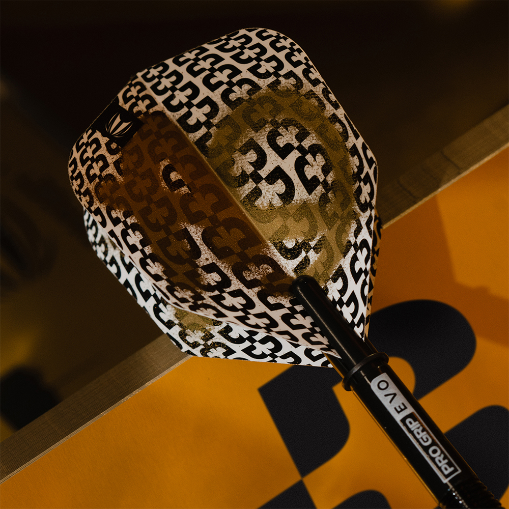 Intricately detailed dart flight featuring a complex pattern of intertwined black and white symbols, overlaid with a golden, circular abrasion pattern. Black ‘PRO GRIP EVO’ dart shaft in the bottom right-hand corner.