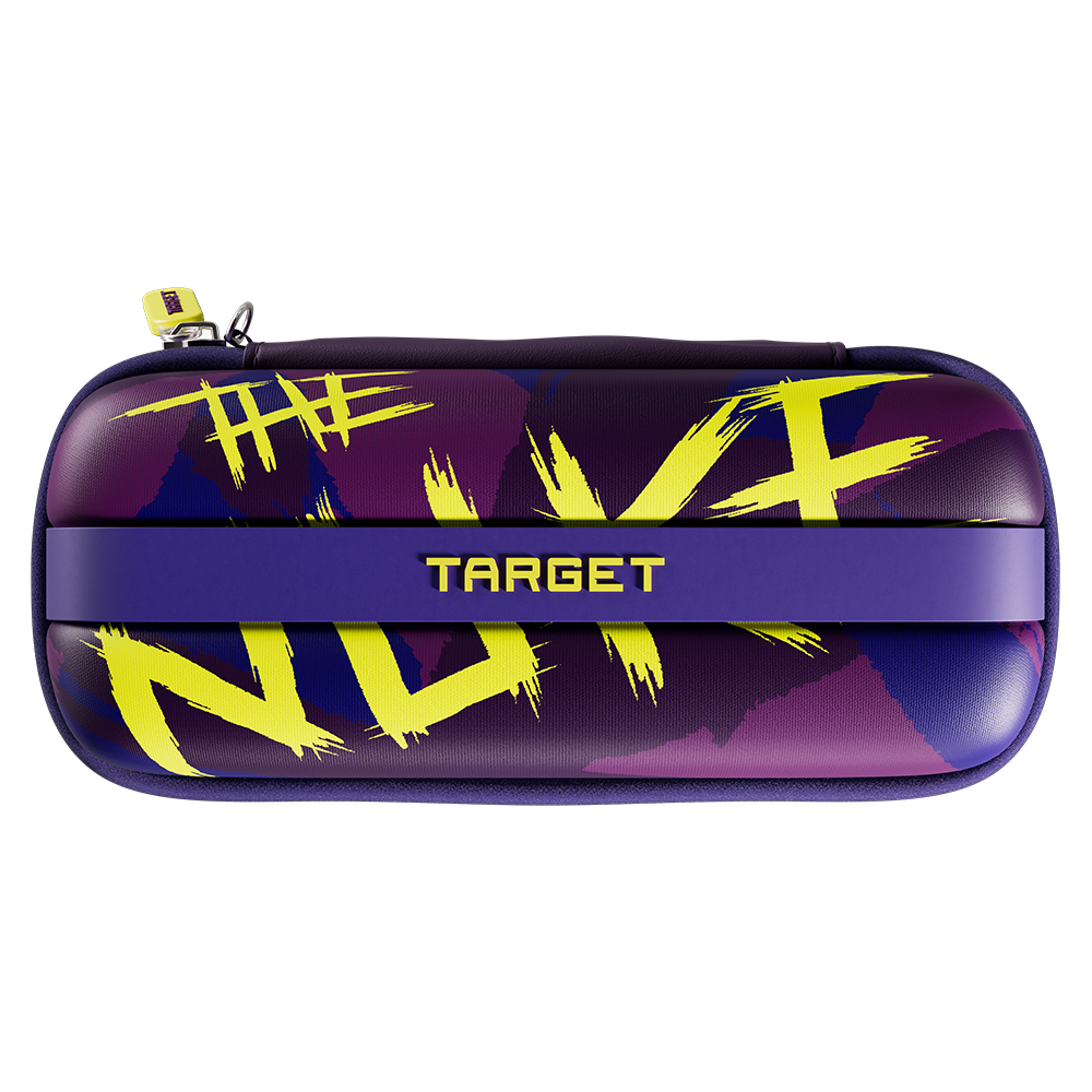 A hard, oblong case with a zip, decorated with an abstract pattern of yellow and purple brushstrokes on a dark purple background. In the centre is a purple band featuring the word ‘Target’ in yellow. At the top left is a zip with a yellow pull tab.