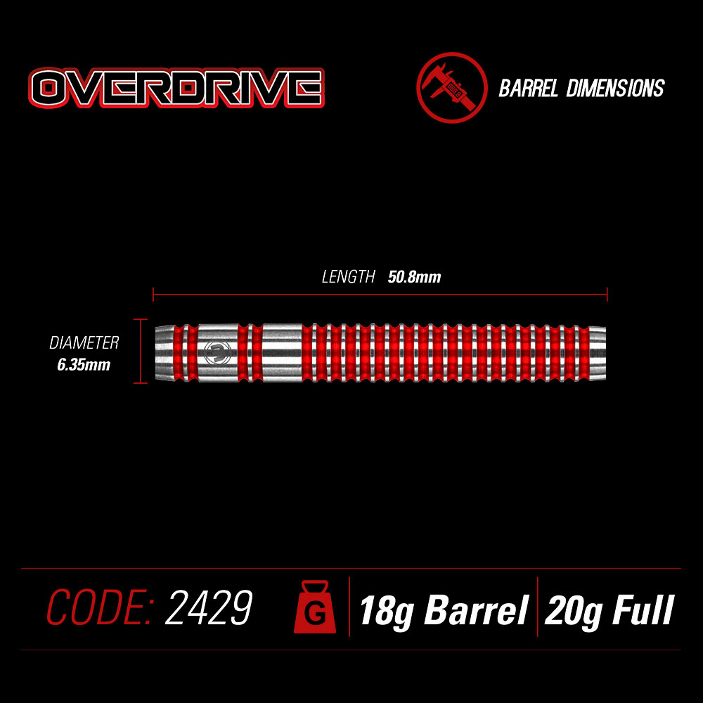 Winmau barrel de fléchettes souples Overdrive argenté, anneaux rouges sur fond noir. Dim. : L 50,8 mm, Ø 6,35 mm. Surface striée avec rainures et anneaux triple découpe pour une meilleure prise. Code 2429. Barrel 18 g, total 20 g.