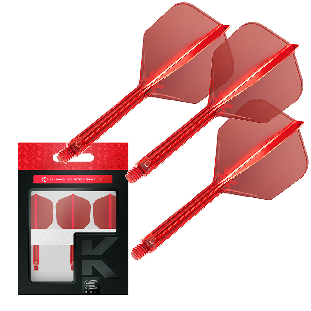 Trois systèmes de plumes et de tiges de fléchettes K-Flex rouge vif, de forme n° 06, sont mis en avant sur l'image, à côté d'un emballage noir de la marque Target. L'emballage contient d'autres plumes K-Flex rouges, classées « Intermediate ».