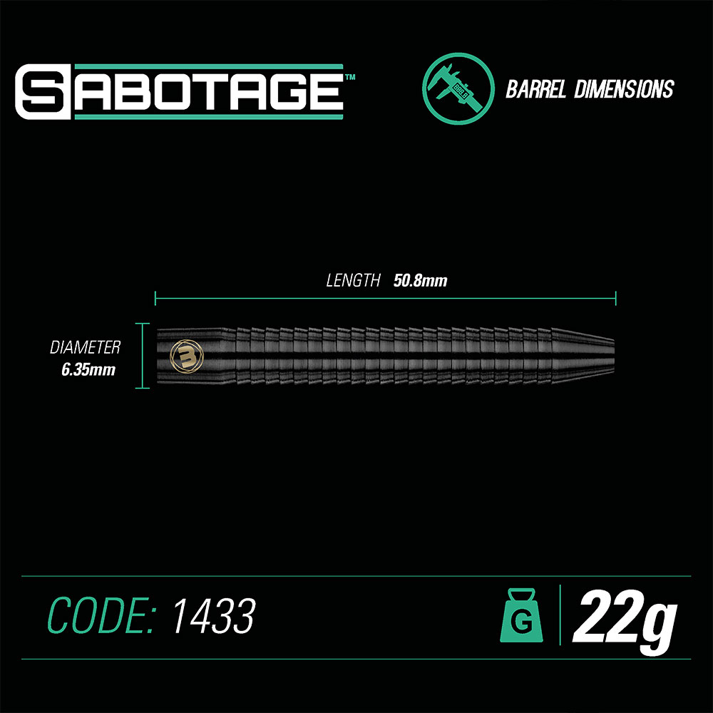 Dimensions détaillées d'un corps de fléchette gris foncé doté d'une zone de préhension segmentée et texturée. Il mesure 50,8 mm de long et 6,35 mm de diamètre. Ce corps de fléchette est de la marque Sabotage, pèse 22 g et porte le code 1433.