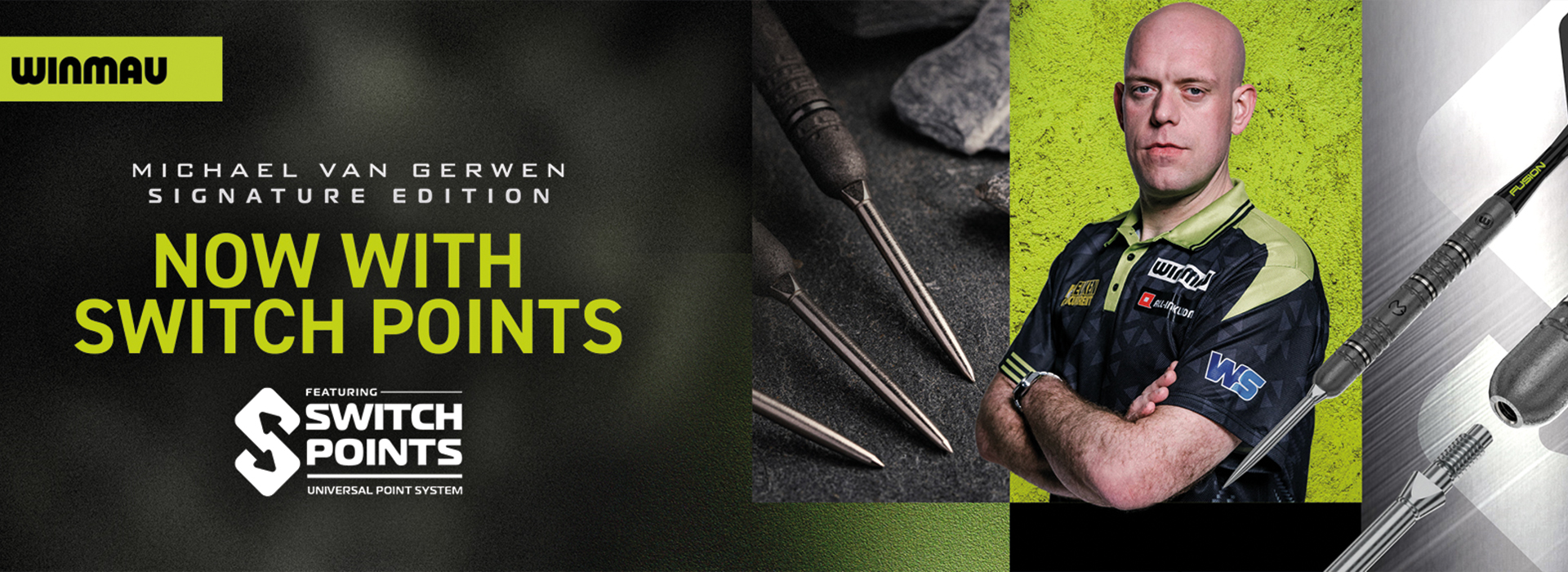 Bannière pour les fléchettes Winmau, édition Michael van Gerwen. À gauche : « NOW WITH SWITCH POINTS » et logo Winmau. Au centre : trois pointes. À droite : van Gerwen, bras croisés sur fond vert, avec une fléchette et « Switch Point ».
