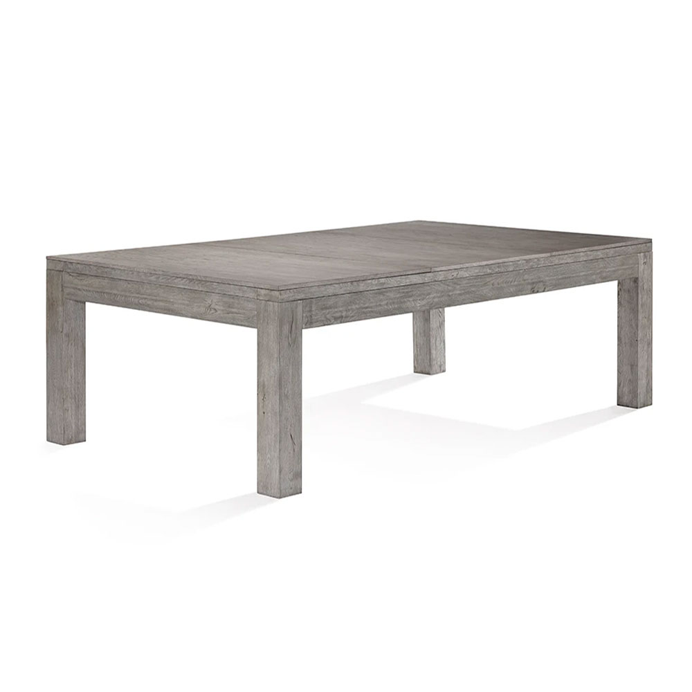Modern, rectangular Sanibel pool table by Brunswick in rustic grey with a fitted cover plate. The grey wood grain of the 8ft table is clearly visible and has a weathered, minimalist look.