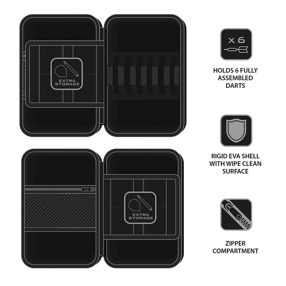 Black, open-fronted Harrows Ryan Searle Pro Case dart case with visible internal compartments. Slots for 6 mounted darts, additional storage compartments and a mesh zipped pocket for accessories. Sturdy, easy-to-clean EVA.