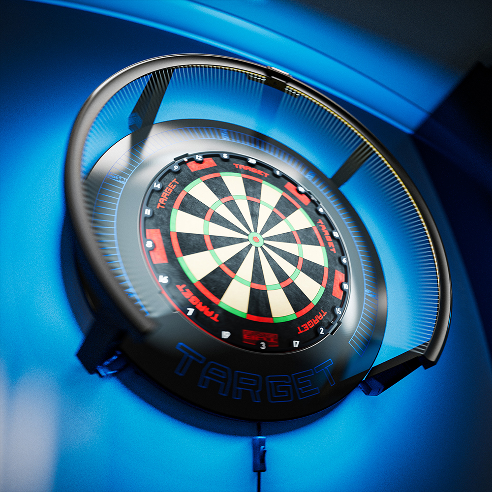 Une cible de fléchettes est entourée d'un anneau de protection noir avec éclairage d'ambiance LED bleu intégré, illuminant la cible et le mur derrière. Le logo « Target » brille en bleu sur le bas de l'anneau.