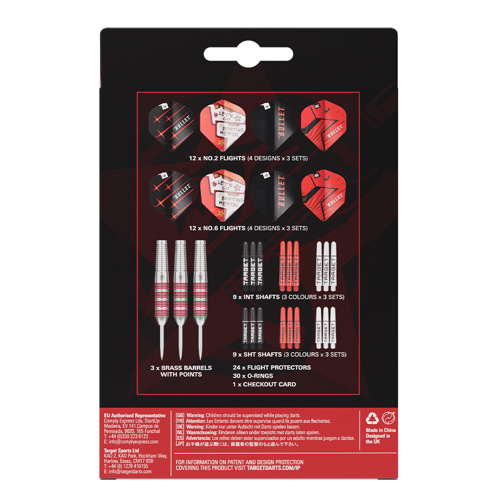 Verso de l'emballage du kit de fléchettes acier Stephen Bunting (100 pièces). Comprend 3 corps en laiton argenté à anneaux rouges, 24 ailettes (« Bullet », « Bunting Mental »), 18 tiges Target, 24 capuchons, 30 joints toriques.