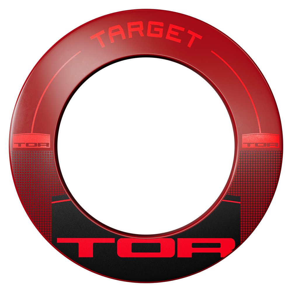 Anneau de protection rond « Target » pour cible de fléchettes TOR, rouge brillant et noir mat, protégeant le mur des fléchettes égarées. En haut, « Target » en relief rouge ; en bas, sur fond noir, « TOR » en rouge.