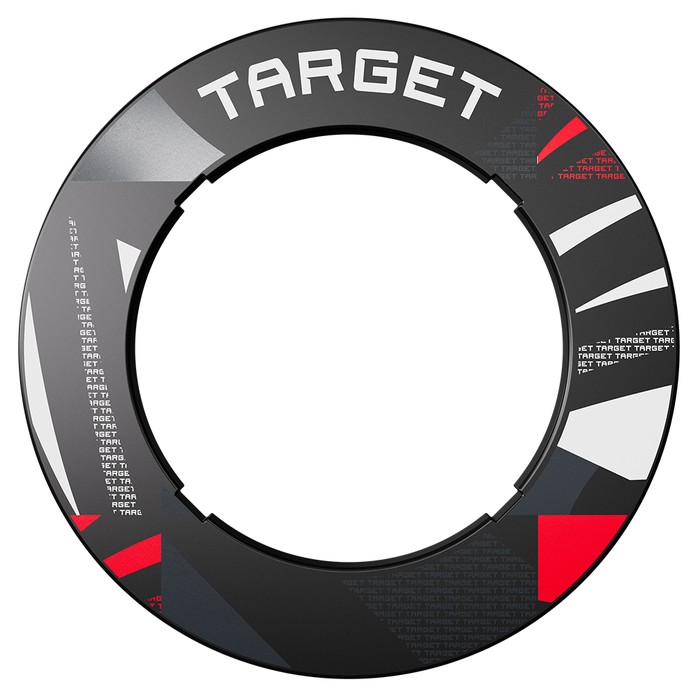 Anneau de protection noir pour cible de fléchettes, rainuré, motif géométrique moderne blanc, gris et rouge. Grand logo « Target » en haut, logos plus petits en fond discret. Encoche pour intégration au système et protection murale.