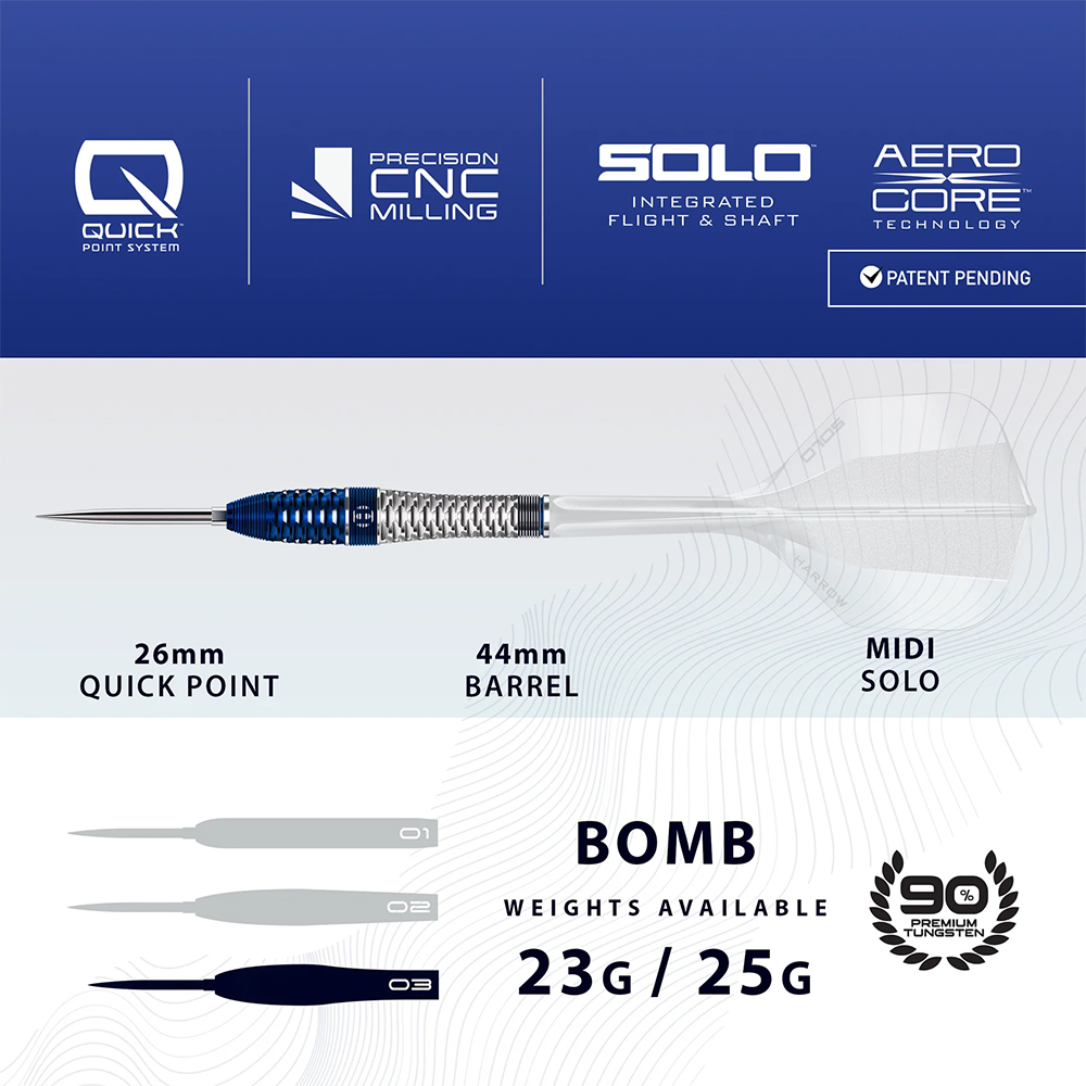 Harrows GEO-03 steel-tip darts, Bomb profile, with a blue and silver 44mm tungsten barrel, 26mm Quick Point tip and Midi Solo flight. Bulbous Bomb profile, weights 23g/25g. Logos: Quick Point and Aero Core.