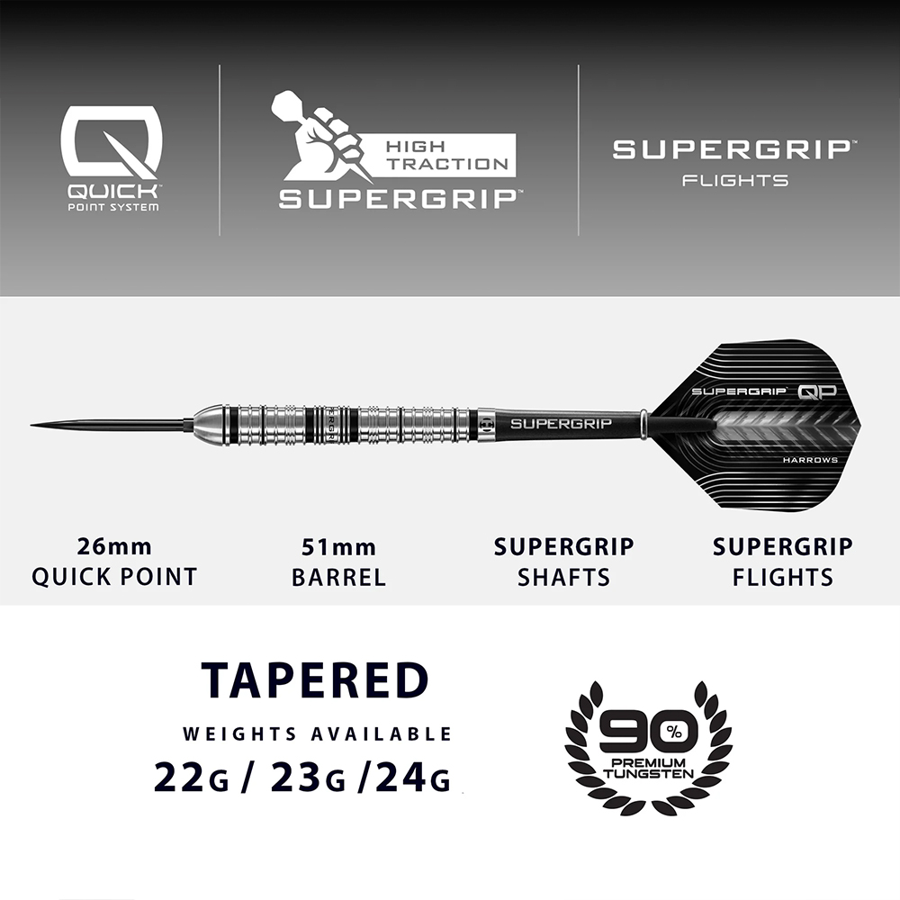 Harrows Supergrip QP Steel Darts – detailed view: 51mm tapered 90% tungsten barrel with Supergrip ring cuts, 26mm Quick Point tip, black Supergrip shafts and flights (QP logo). Weights: 22g, 23g, 24g.