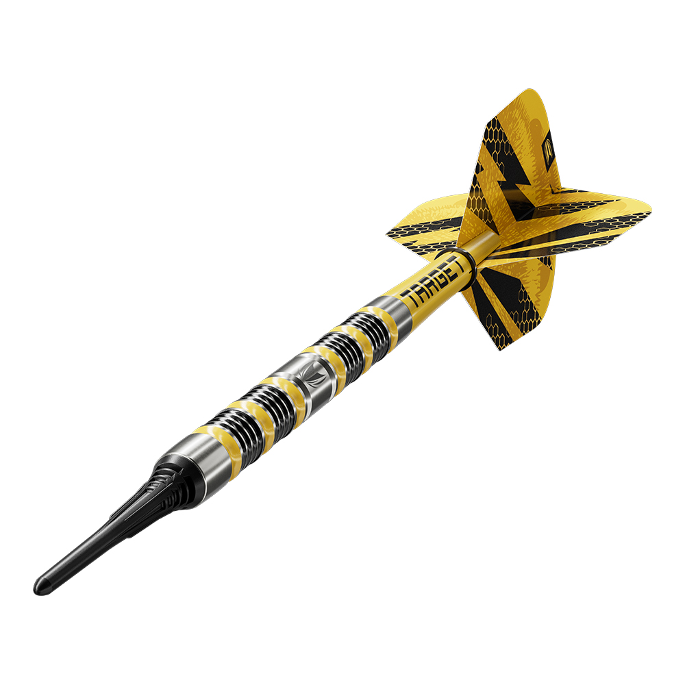 Fléchette souple avec pointe noire, corps argenté et anneaux antidérapants jaunes et noirs arborant le logo Target. Tige jaune avec inscription « Target » ; ailettes jaunes et noires à motif alvéolé. Design noir et jaune « BUZZ ».