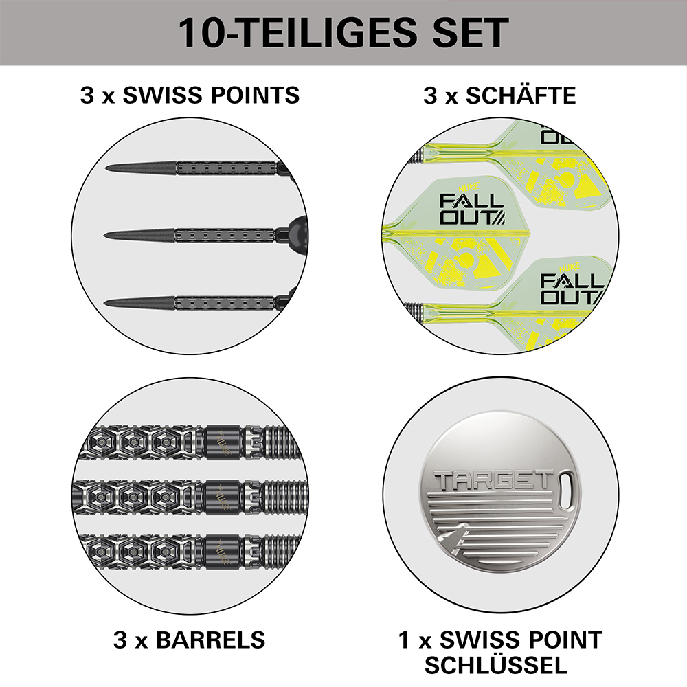Set de 10 fléchettes acier : 3 pointes Swiss FLT noires, 3 corps tungstène 90% noirs grip hexagonal avec revêtement PVD, 3 tiges/ailettes K-Flex jaune fluo motif Fallout-Nuke, clé Swiss Point Target. Pour Luke Littler Fallout SP.