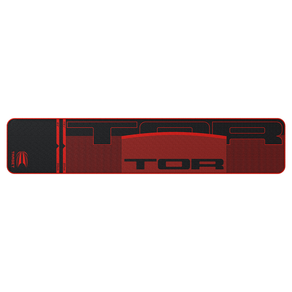 Tapis de fléchettes TOR « Target » rectangulaire et allongé, noir et rouge, avec lignes de lancer blanches précises pour fléchettes acier et souples. Logo TOR et inscription « Target » avec son logo sur le côté. Texturé.
