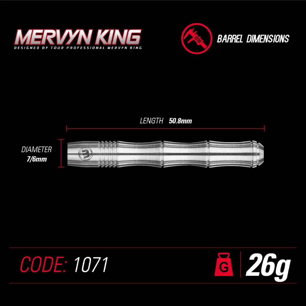 Silbernes Winmau Steeldart-Barrel Mervyn King 26g auf schwarzem Hintergrund. Wolfram, Länge 50,8 mm, Durchmesser 7–6 mm. Griffige Rillenstruktur. Produktcode 1071 sichtbar.