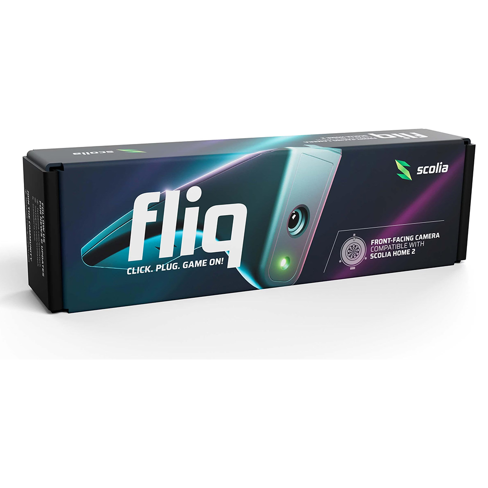 Emballage de la caméra avant Fliq d'Scolia, destinée aux systèmes Dart, dans des tons sombres rehaussés de touches fluo. L'emballage présente la caméra et le logo «Scolia Fliq ». Mention de la compatibilité avec l'Scolia Home 2 visible.