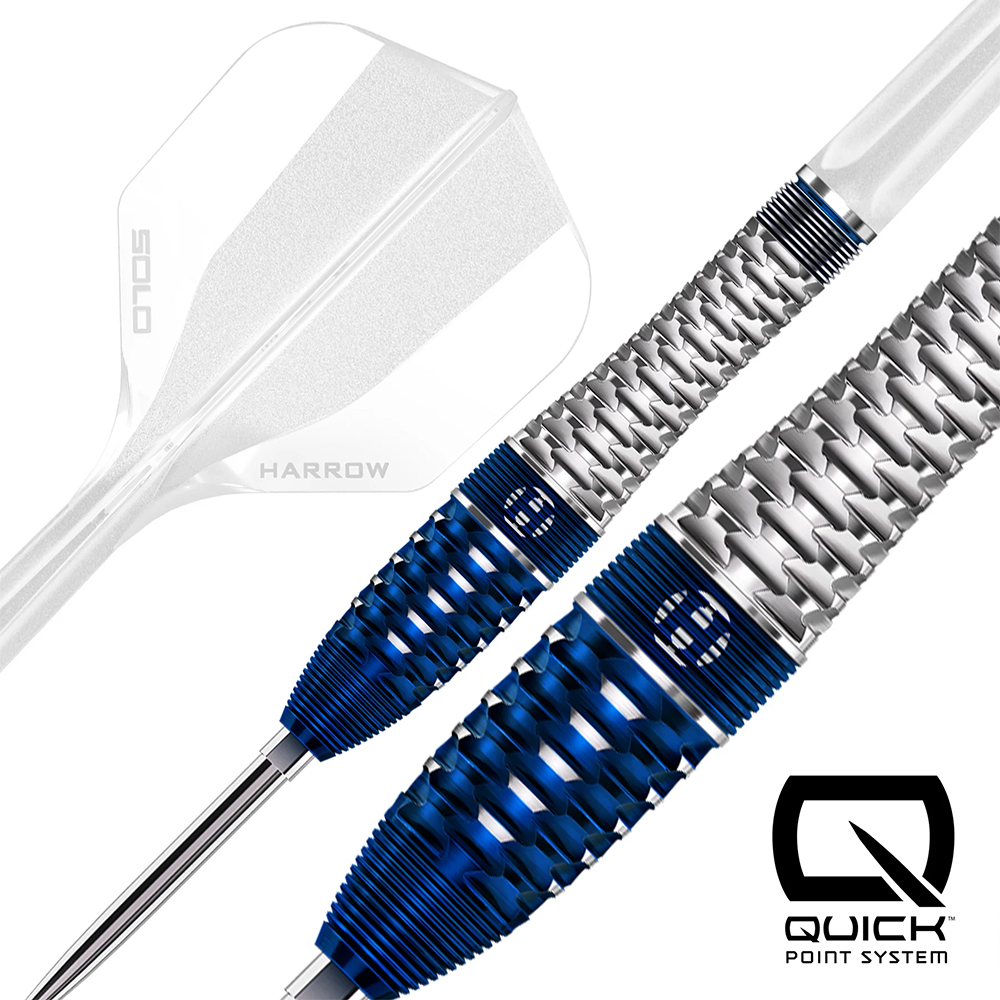 Two Harrows Geo QP steel darts barrels made from 90% tungsten, featuring a silver-coloured, geometrically textured shaft and a striking blue grip section with a blue titanium nitride finish. Midi Solo flight in the background, QP logo at the bottom right.
