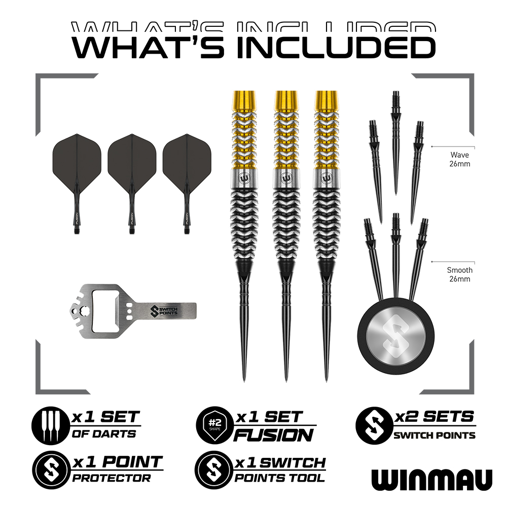 Winmau Kit de fléchettes avec accessoires : trois fléchettes avec ailettes noires, corps dorés et pointes noires, plus trois ailettes noires supplémentaires. Outil multifonction argenté et étui avec six pointes noires.