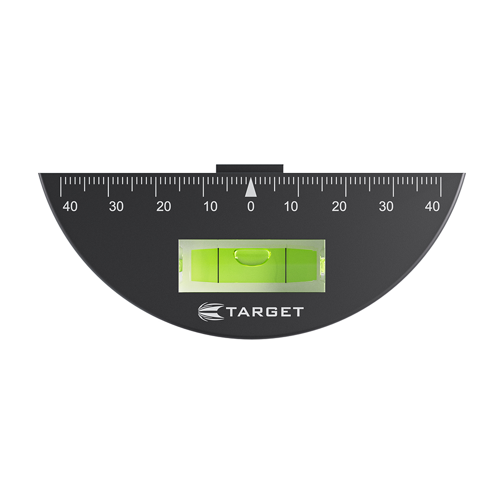 Black, semi-circular tool with a scale from -40 to +40 and a green spirit level with a centered bubble. A white arrow marks zero next to a black contact surface. The ‘Target’ logo is below. For finding a dart’s centre of gravity.