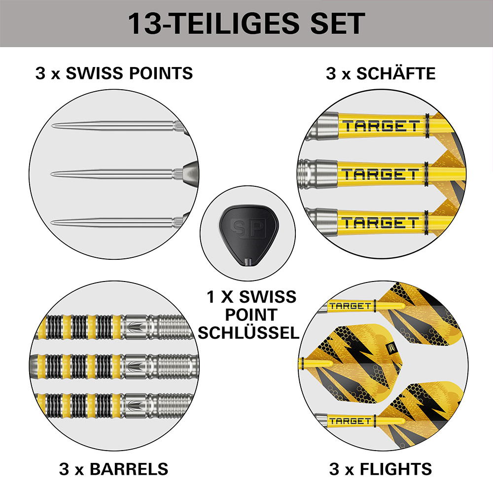 Set de fléchettes en acier de 13 pièces : 3 pointes Swiss Points argentées, 3 tiges jaunes avec le logo Target, 3 corps argentés avec des anneaux antidérapants jaunes et noirs, 3 plumes au motif d'abeille jaune et noir et une clé Swiss Point noire.