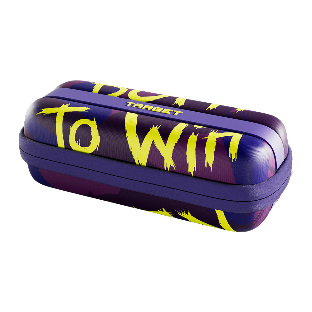 Purple dart case with rounded ends and a darker, abstract pattern. Large yellow brushstroke letters spell out ‘To Win’, with ‘Target’ in smaller yellow letters in between. Sturdy case on a white background.