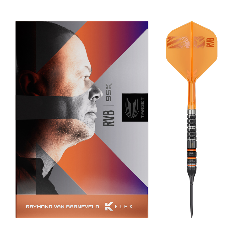 Boîte de fléchettes à l'effigie de Raymond van Barneveld (RVB) contenant une fléchette en acier noire avec un flight orange fluo (logo RVB) et une pointe noire.