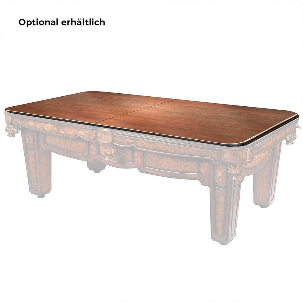 Plateau rectangulaire en bois brun foncé aux angles arrondis, composé de deux parties et reposant sur un piètement suggéré, richement sculpté. Il transforme une table de billard américain en une élégante table à manger.