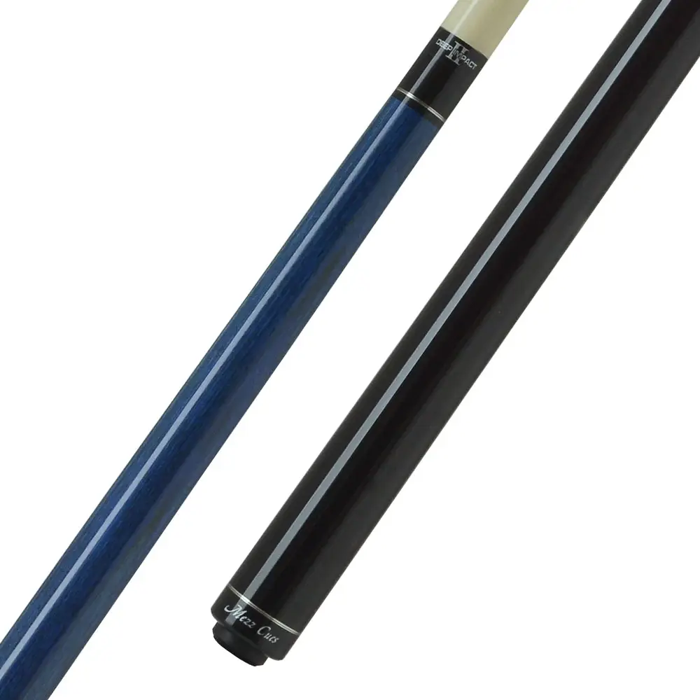 A dismantled, two-piece ' Mezz ' Power Break Kai cue. The upper shaft is light in colour, fading into a textured blue. The lower grip section is glossy black without a grip tape, featuring a thin silver band and the inscription 'Mezz ' near the tip.