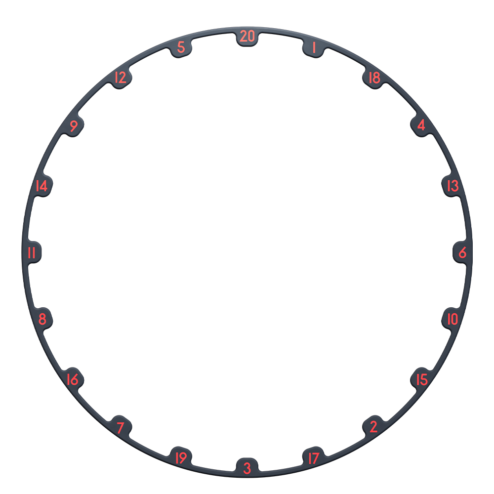 Anneau circulaire gris foncé pour une cible de fléchettes. Des chiffres rouges de 1 à 20 sont disposés le long de l’anneau dans des segments en relief qui délimitent les zones de points. L’anneau rotatif prolonge la durée de vie de la cible TOR EVO.