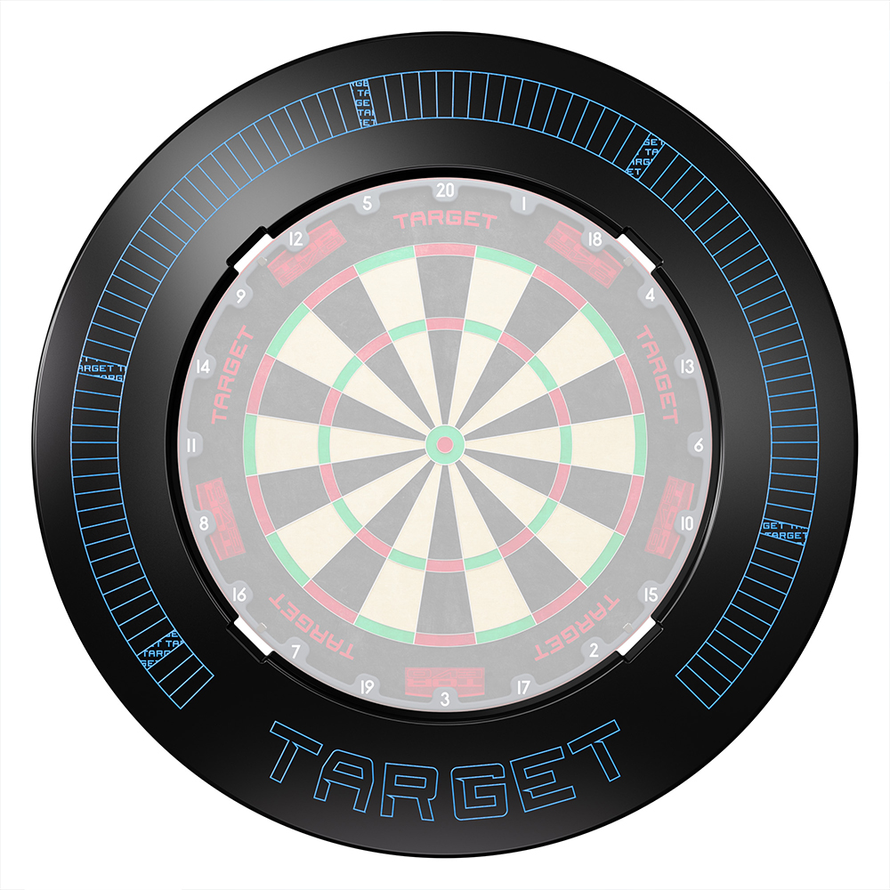 Anneau de protection rond et noir « Target » pour cible de fléchettes, fabriqué en polymère Active Reflex, qui entoure la cible. Il protège le mur et intègre un éclairage d’ambiance bleu avec des lignes lumineuses et l’inscription « Target ».