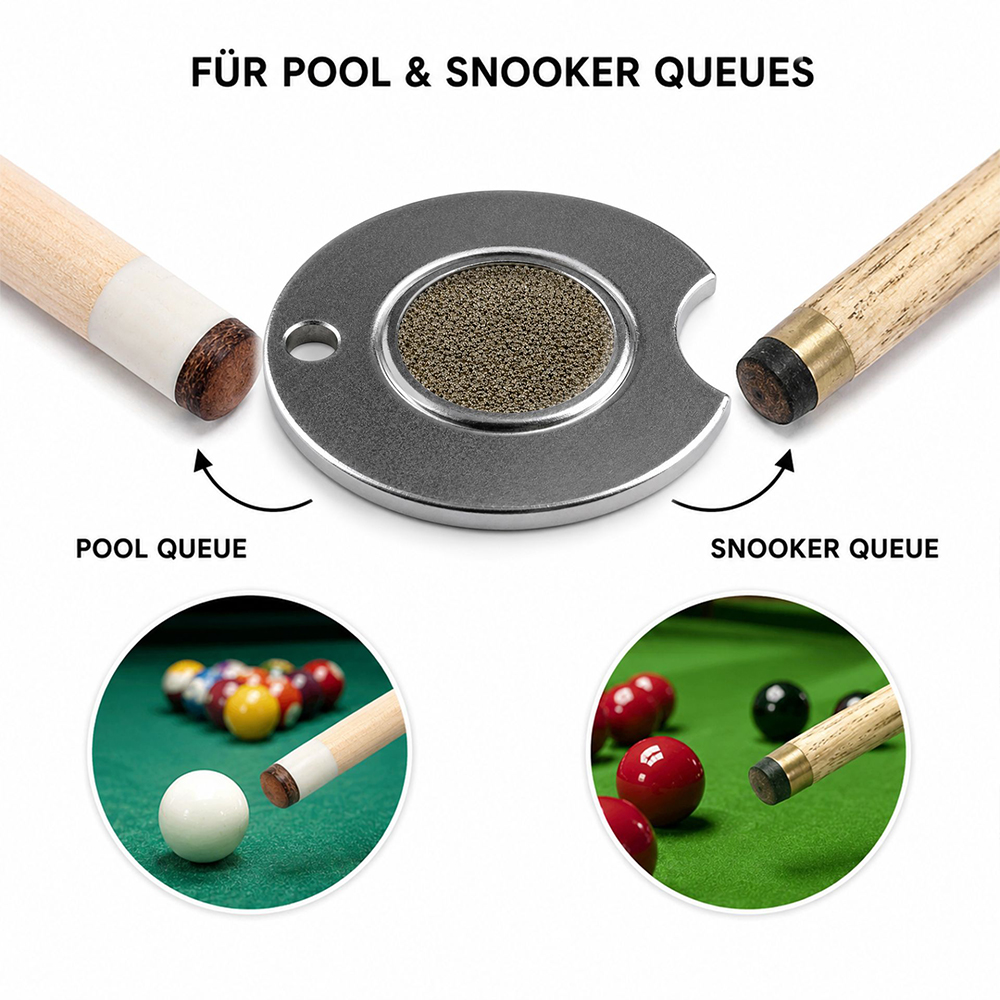 Silberner Queue-Spitzenformer. Links Poolspitze, rechts Snookerspitze. Unten Pool-Queue mit bunten Kugeln, unten Snooker-Queue mit roten/schwarzen Kugeln. Text: „FÜR POOL & SNOOKER QUEUES“.