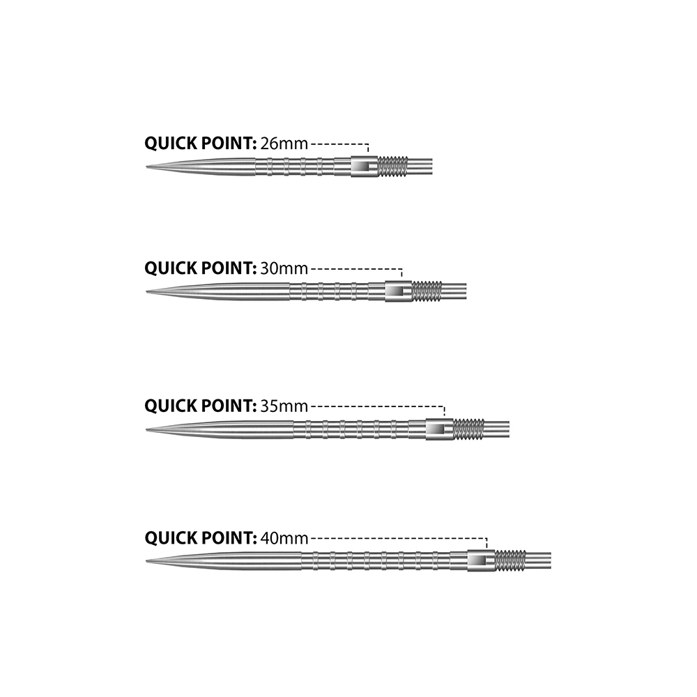 Vier silberne Quick Points für Darts, nebeneinander angeordnet, zeigen die Längen 26mm, 30mm, 35mm und 40mm. Jede Spitze ist schmal zulaufend, besitzt einen gerändelten HM Grip Bereich und ein Schraubgewinde für die Befestigung.