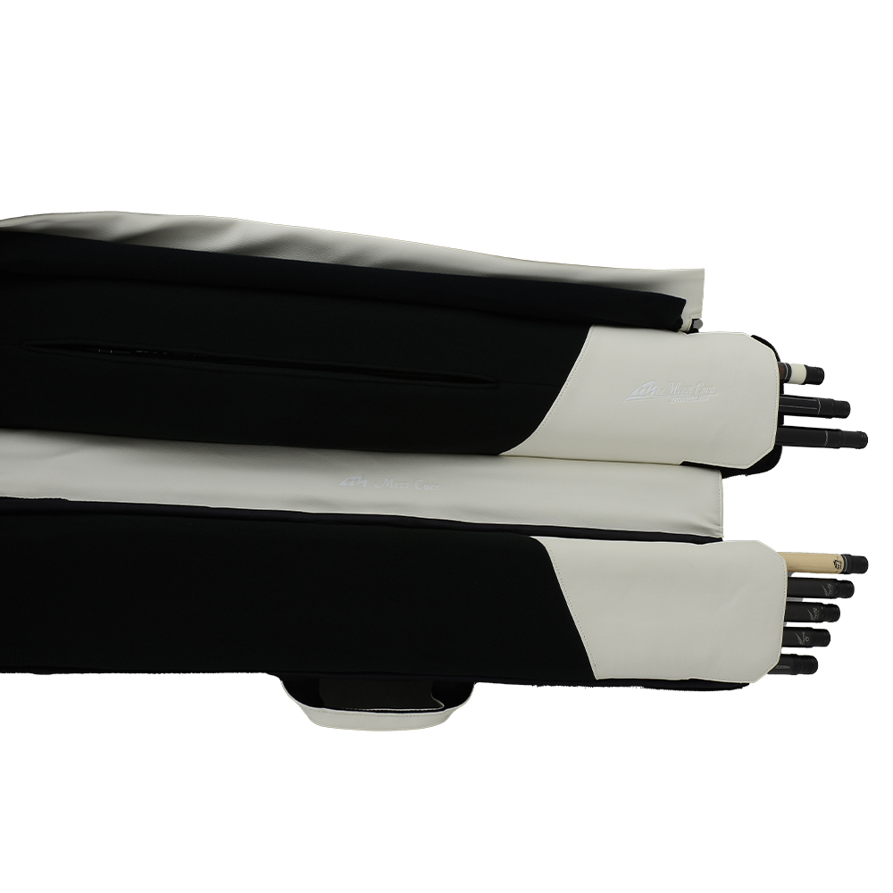 Housse souple pour queues de billard Mezz NMZ-35/LM25, nylon et similicuir noir/blanc, logo « Mezz ». Dessus visible : poignées et pointes des 3 parties inférieures et 5 supérieures (3/5). Compartiments zippés.