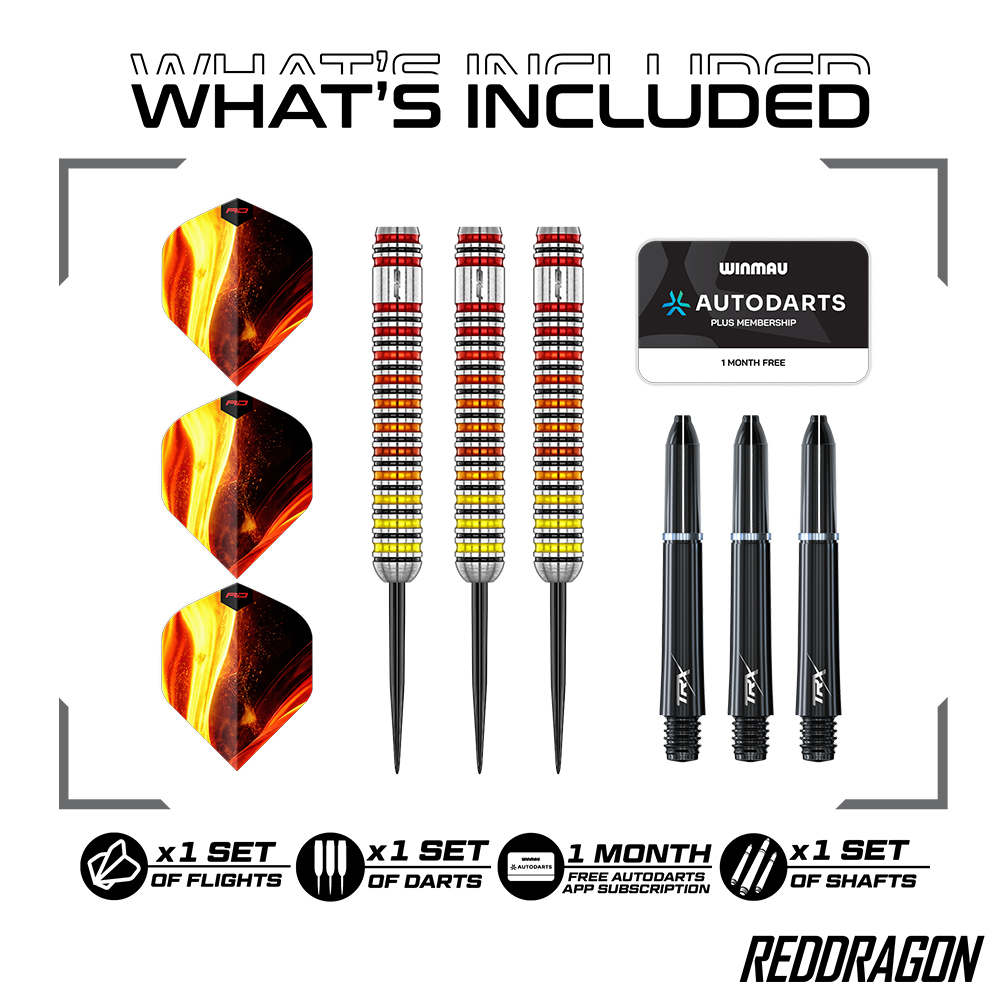 Red Dragon Furnace Steel Darts Set: 3 darts with silver barrels, striped in red, orange and yellow. Includes 3 matching flights with a flame pattern, 3 black TRX shafts and 1 month’s free subscription to Winmau Autodarts Plus.