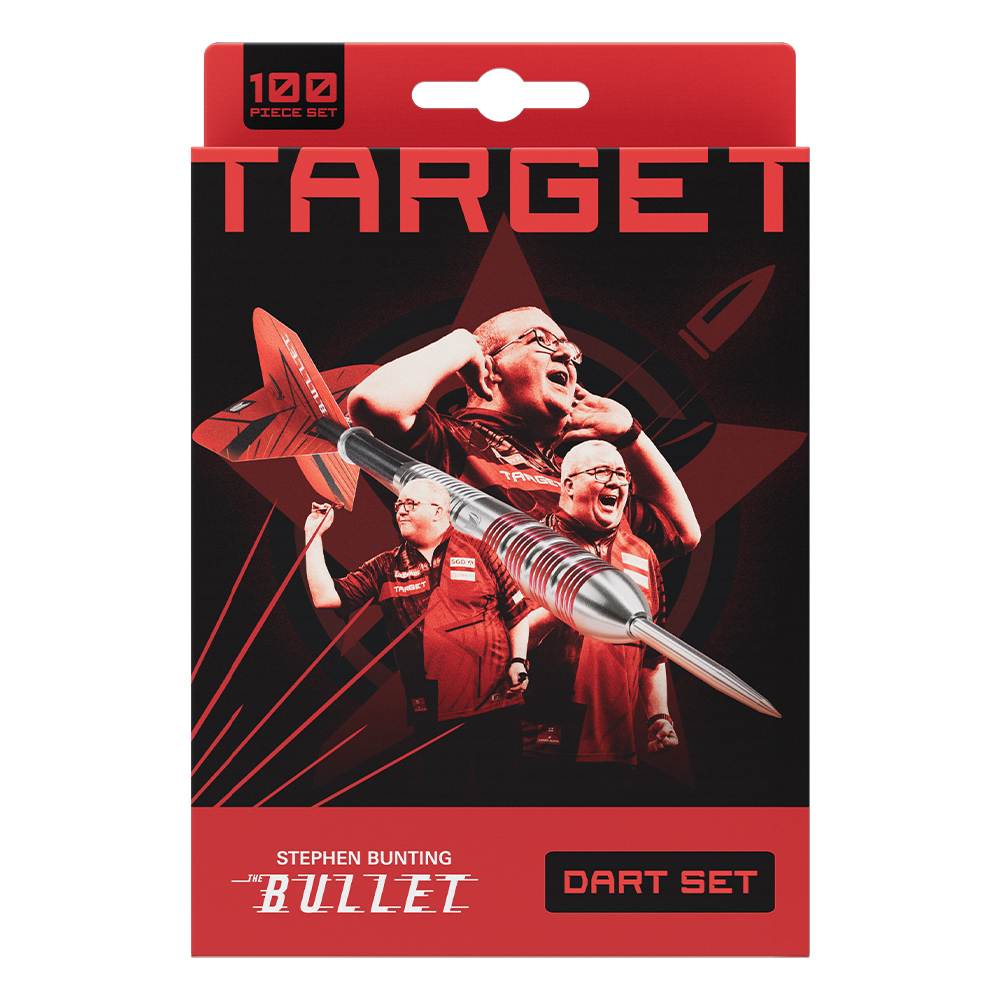 Emballage rouge et noir du kit de fléchettes en laiton Stephen Bunting « Target ». Il montre Stephen Bunting en poses de célébration, sur fond d’une fléchette en laiton argenté striée de rouge. En haut : « Target » et « 100 PIECE SET ».