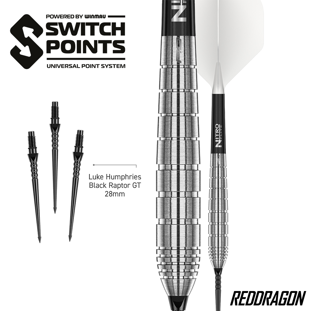A product listing of dart components on a white background. On the right, a dart with a ribbed, silver barrel, a black shaft and a white flight. To the left of this, three black, pointed replacement tips. Top left: ‘SWITCH POINTS Universal Point System’.