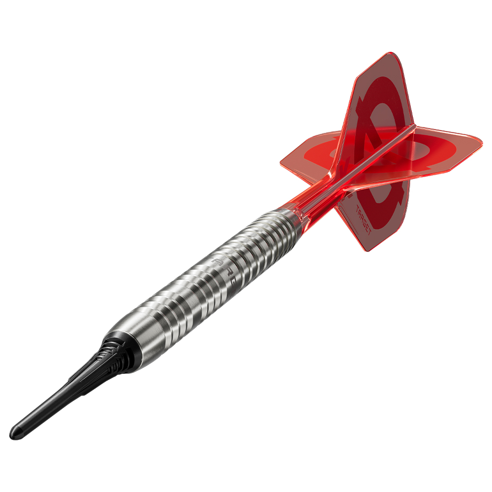 Fléchettes Softdart dotées d’un corps large strié en tungstène argenté, d’une pointe noire et d’ailettes rouge vif. Ailettes rouges avec logo « Target ». Fléchettes série « Target Group » pour plus d’adhérence.
