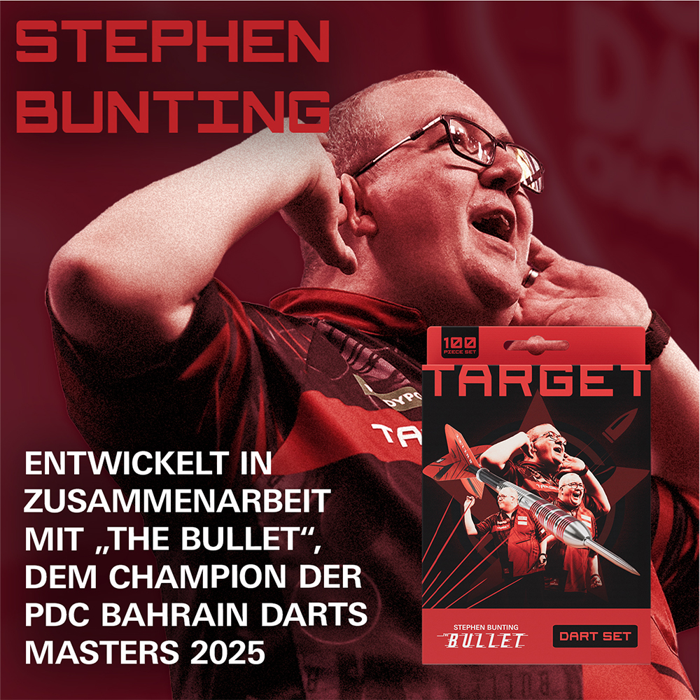 Le joueur de fléchettes Stephen Bunting exulte, bras levés et bouche ouverte ; il porte des lunettes et un t-shirt rouge avec touches noires. À droite, l'emballage rouge « Target Stephen Bunting The Bullet » (100 pièces).