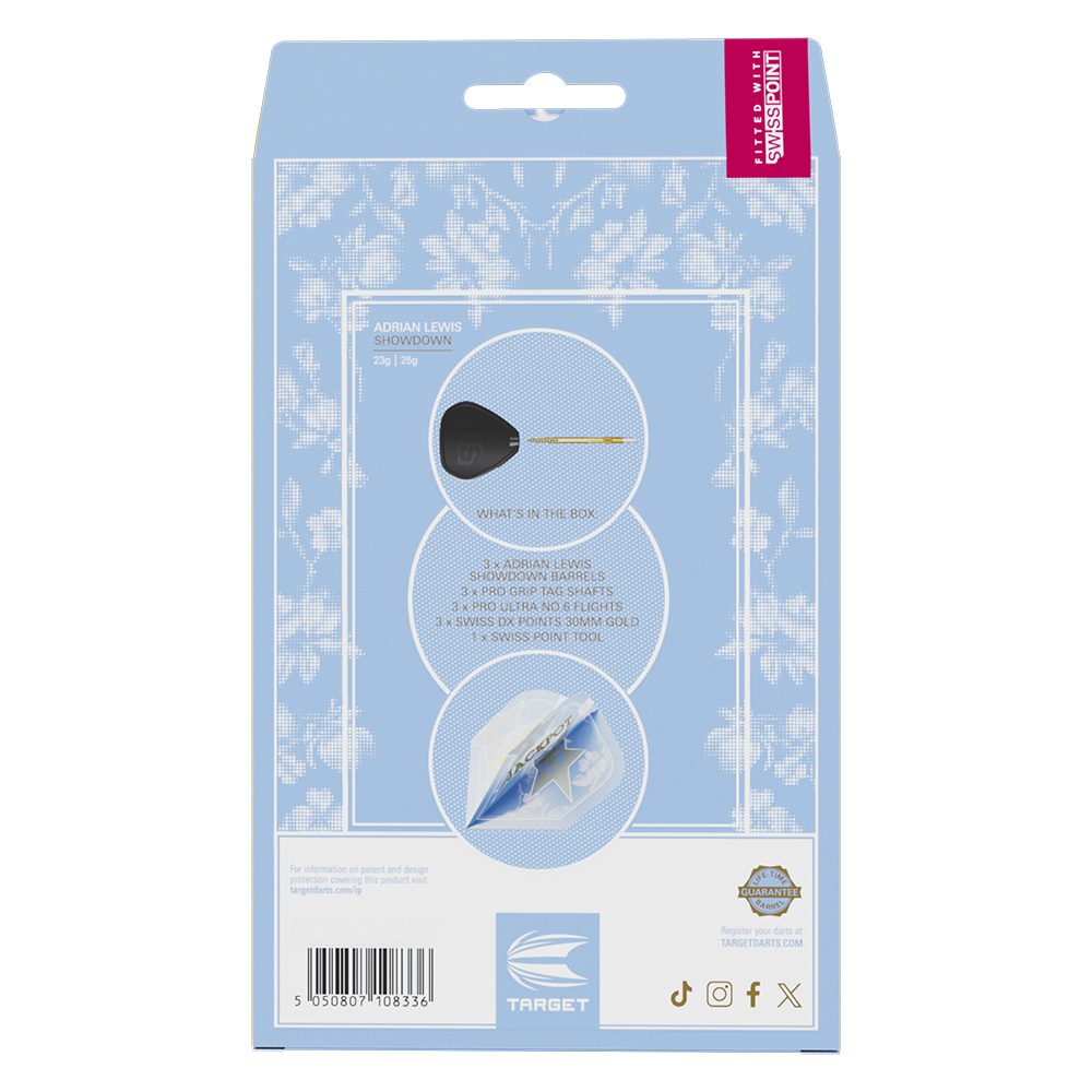 Image au dos du pack de fléchettes Adrian Lewis Showdown bleu clair : corps + ailettes. Comprend des corps en tungstène 95 %, tiges Pro Grip, ailettes Pro Ultra, pointes Swiss DX dorées 30 mm et outil Swiss Point. Équipé de Swisspoint.