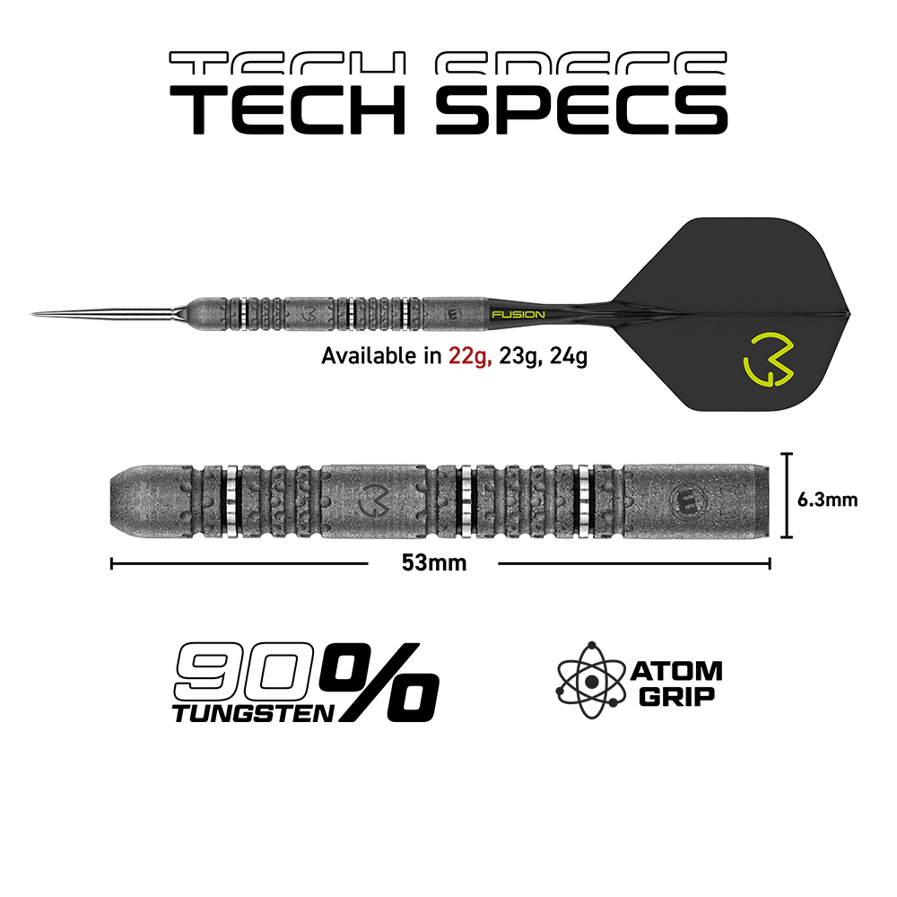 Fléchette grise avec tige noire et ailette arborant un logo jaune fluo. Corps doté d'une texture rainurée offrant une bonne prise en main. 53 mm de long, 6,3 mm de large, disponible en 22 g, 23 g et 24 g. 90 % de tungstène, Atom Grip pour un jeu précis.