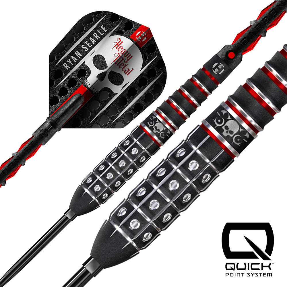 Black and red steel dart with a grid-patterned barrel, silver squares and skull engravings. Black flight featuring a skull, ‘Ryan Searle’ and ‘Heavy Metal’. Black shaft with red spirals.