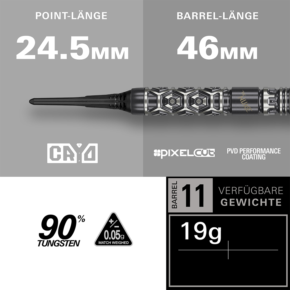Gros plan sur un corps de fléchette souple Luke Littler Fallout (46 mm) avec pointe souple Cryo noire. Motif hexagonal fraisé précis et revêtement PVD. Pointe 24,5 mm. Fléchette : 19 g, 90 % tungstène, +/-0,05 g.