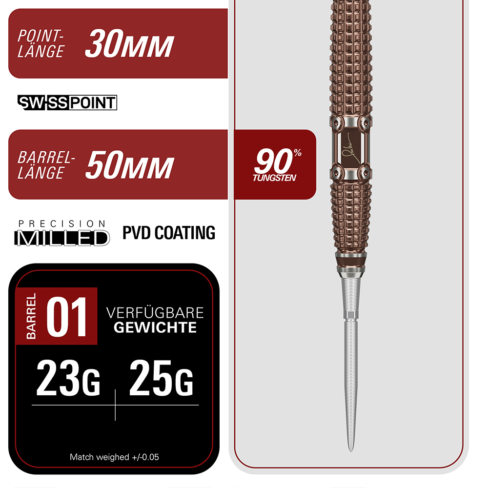 Detailansicht eines bronzefarbenen Steeldart-Barrels mit fein gefrästem 3D-Grip-Muster und Paul Lims Signatur. Die technischen Daten links zeigen 30mm Point-Länge, 50mm Barrel-Länge, 90% Tungsten, PVD-Beschichtung und verfügbare Gewichte von 23g und 25g.