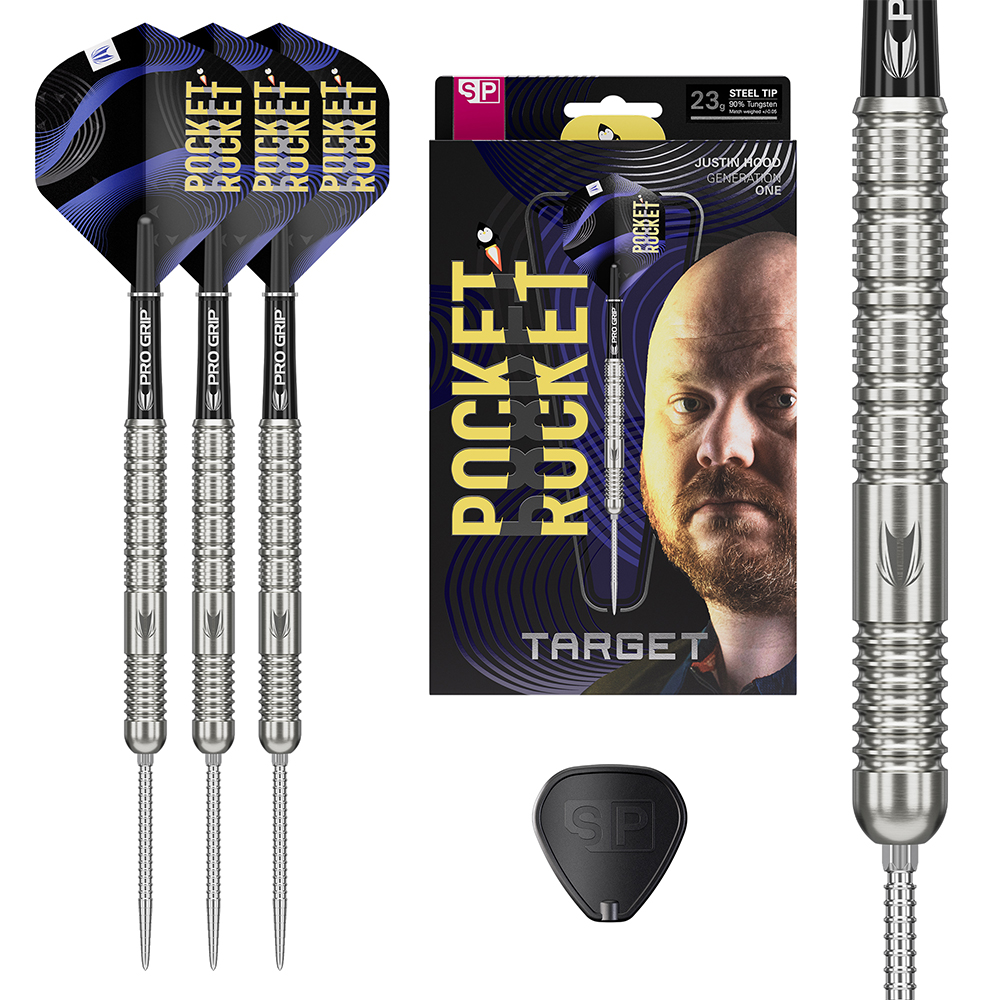 3 fléchettes en acier (Justin Hood Gen One) : corps en tungstène à 90 % de couleur argentée, tiges Pro Grip noires, ailettes Pocket Rocket noires avec motif ondulé bleu. Contenu : 23 g + outil Swiss Point.