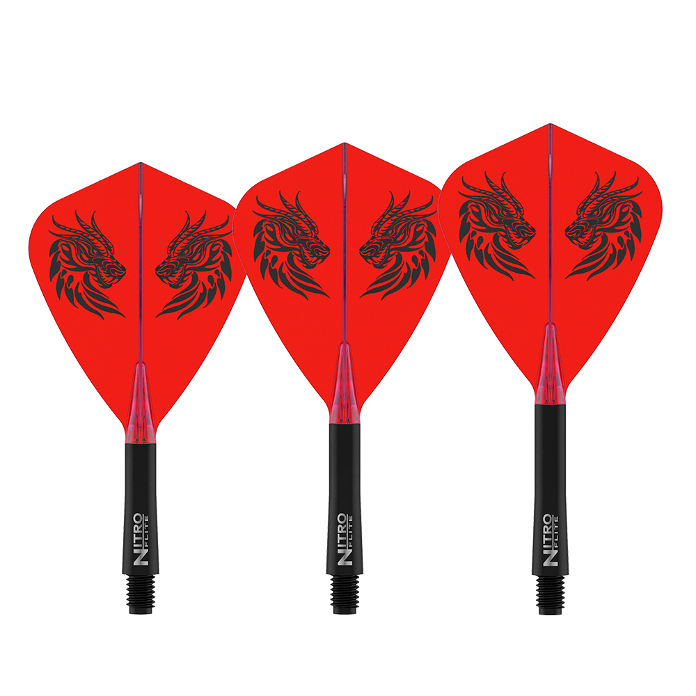 Trois plumes de fléchettes rouge vif sur fond blanc. Forme de bouclier avec un motif de tête de dragon noir de style tribal, symétrique des deux côtés. Sur des tiges noires avec l'inscription « NITRO FLITE » en blanc à la verticale, avec un filetage noir.